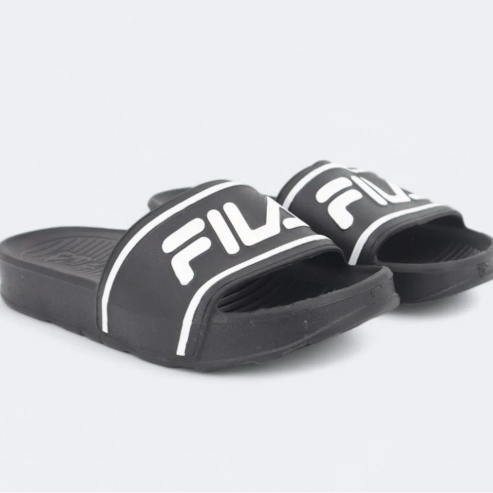 Toddler size 13 beach slides black and white fila